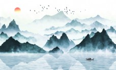 中式蓝色山水新中式创意玄关屏风