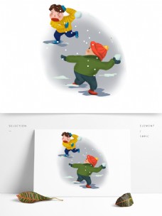 冬天来了两个打雪仗的小男孩手绘卡通元素