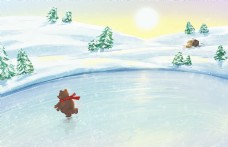 在森林的湖泊里滑冰的小熊