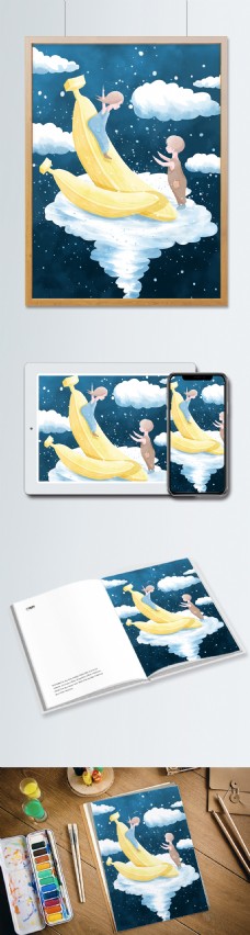创意水果插画香蕉滑梯上的小朋友
