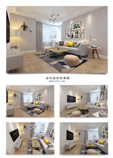 沙发背景墙现代风格简约客厅效果图明亮