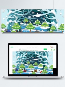 圣诞风景纸片风树林中的圣诞树背景素材
