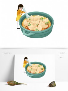 孩子创意冬至吃饺子的女孩卡通素材