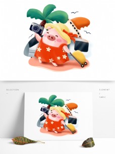 手绘猪年动物形象吃喝玩乐去旅游可商用插画