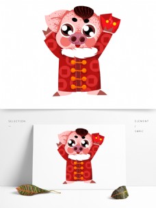 中国风复古像素化送红包的猪卡通设计