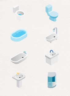蓝色白色矢量浴室元素卡通设计