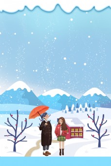 冬季雪地情侣回家过年背景素材