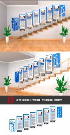 蓝色商业大型3D立体蓝色商务企业文化墙企业楼梯墙