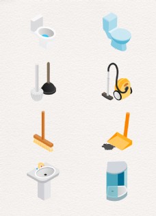 矢量8组清洁工具和浴室元素卡通合集