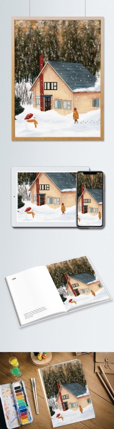 冬日雪景之雪地里的小屋