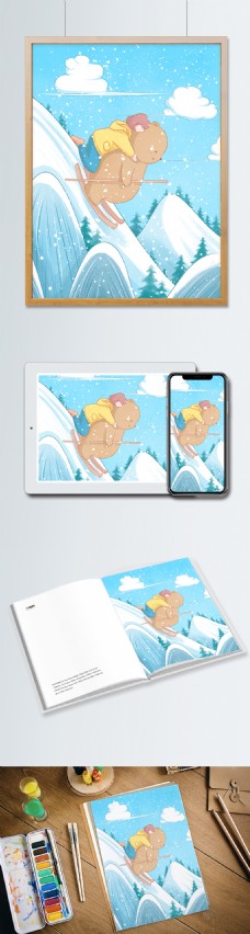 冬季小女孩冬季滑雪场景小清新插画背着女孩滑雪的小熊