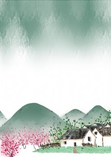 远山彩绘中国风小屋花园背景