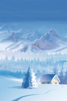 传统节气彩绘冬季雪地雪山背景素材