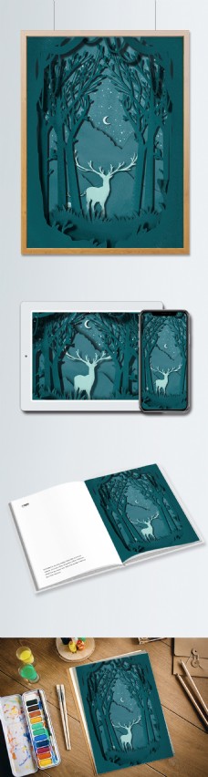 森林与鹿唯美插画剪纸风