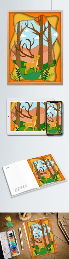原创剪纸风森林与鹿插画