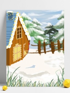 彩绘冬季雪地树林小屋背景设计