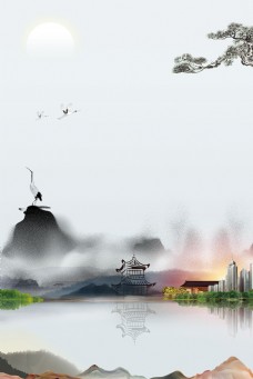 洋房水墨中国风房地产抽象合成海报