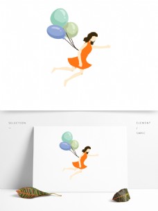 女人绑着气球的女孩插画人物设计