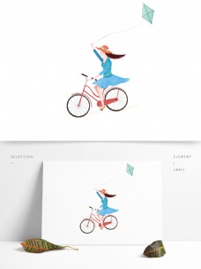 女人骑车放风筝的女孩人物插画设计