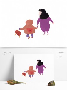卡通猪年过年妈妈和小孩人物设计