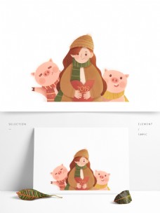 2019新年快乐快乐女孩和小猪设计