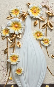 欧式花纹背景高清3D浮雕花瓶玄关背景装饰画