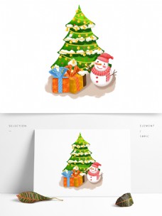 原创手绘冬季树木圣诞树礼物盒雪人插画素材