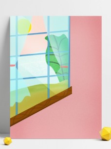清新粉色窗外绿叶背景设计