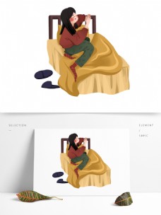 手绘坐在床上的女孩人物设计