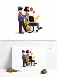 手绘推着轮椅散步的一家三口人物设计