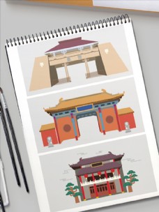 中堂画扁平化中国风建筑物插图