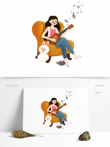 温馨坐在沙发上弹吉他的女孩