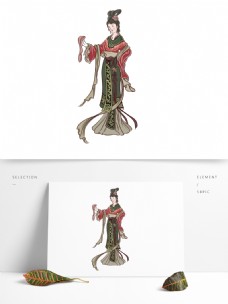 美国手绘中国风白描风格古代人物美女图