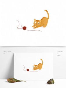玩毛线团的萌宠猫咪手绘设计