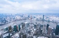 上海城市上海雨雪天气城市建筑全景