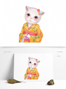 彩绘猫头日式人物元素设计