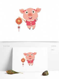 提着福字灯笼的小猪新年元素设计
