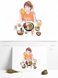 插画设计韩国风享受美食大餐的女孩插画人物设计