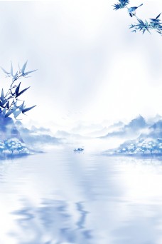 蓝色花蓝色水墨山水意境中国风海报