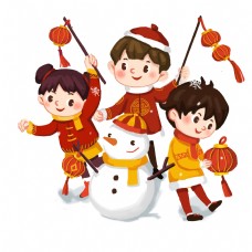 2019年手绘中国风小朋友堆雪人过新年