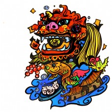 中国新年传统卡通狮子手绘华丽速写PNG春节
