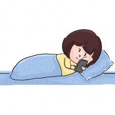 躺在床上刷手机的卡通女孩