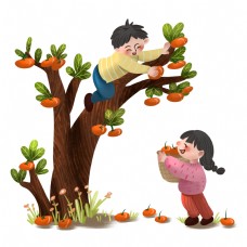 手绘中国风爬上树上摘柿子过新年