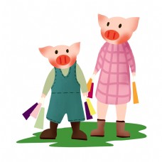 新年猪猪购物手绘插画
