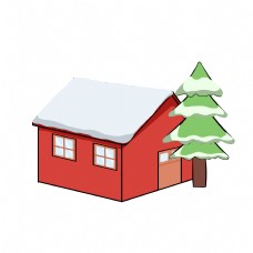 红房子红色落雪的房子插画