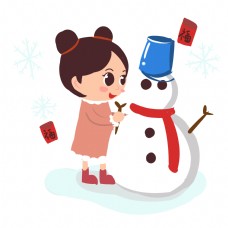 新年堆雪人手绘卡通人物PNG素材
