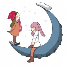 暖冬童话少女风卡通手绘坐在月亮上