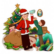 圣诞节爸爸扮圣诞老人送礼物温馨亲子免抠元素