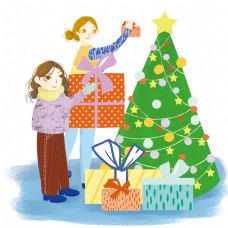圣诞女孩卡通手绘收到礼物的女孩和美丽的圣诞树创意海报
