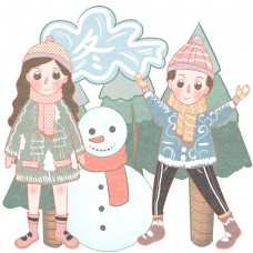 冬季双人堆雪冷色调儿童插画